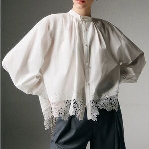 KOHS Collection Faux Pearl White Lace Hem Balloon Sleeve Blouse shirt S